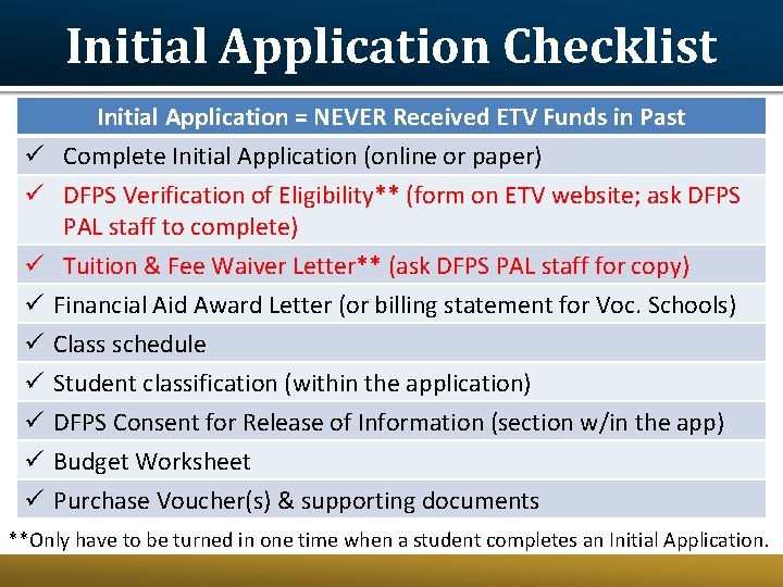 Initial Application Checklist Initial Application = NEVER Received ETV Funds in Past ü Complete