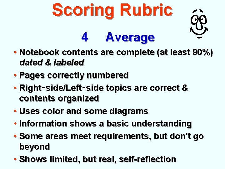 Scoring Rubric 4 Average • Notebook contents are complete (at least 90%) dated &