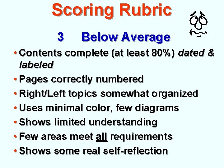 Scoring Rubric 3 Below Average • Contents complete (at least 80%) dated & labeled Scoring Rubric 3 Below Average • Contents complete (at least 80%) dated & labeled