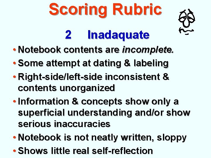 Scoring Rubric 2 Inadaquate • Notebook contents are incomplete. • Some attempt at dating