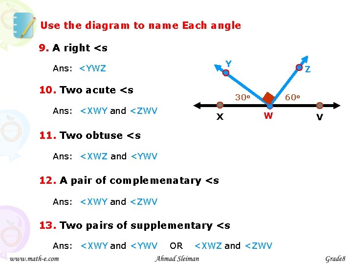 Use the diagram to name Each angle 9. A right <s Y Ans: <YWZ