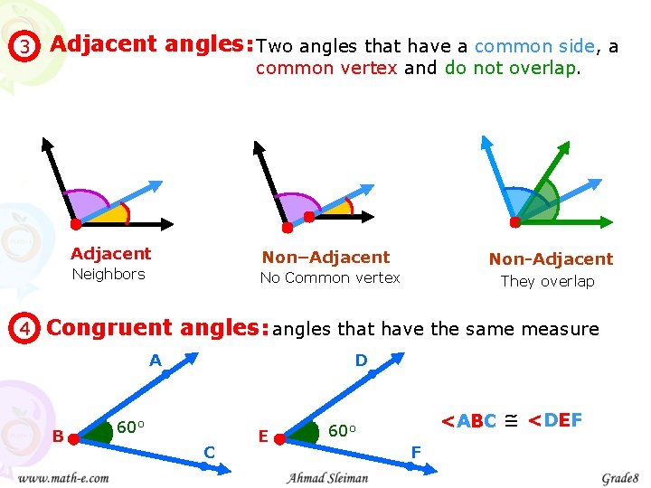 3 Adjacent angles: Two angles that have a common side, a common vertex and