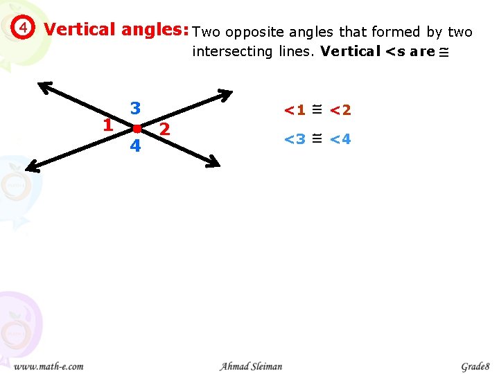 4 Vertical angles: Two opposite angles that formed by two intersecting lines. Vertical <s