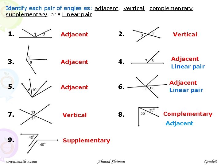 Identify each pair of angles as: adjacent, vertical, complementary, supplementary, or a Linear pair.