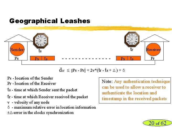 Geographical Leashes Sender Ps ts -------dsr Ps tr Receiver ts Pr ||Ps - Pr||
