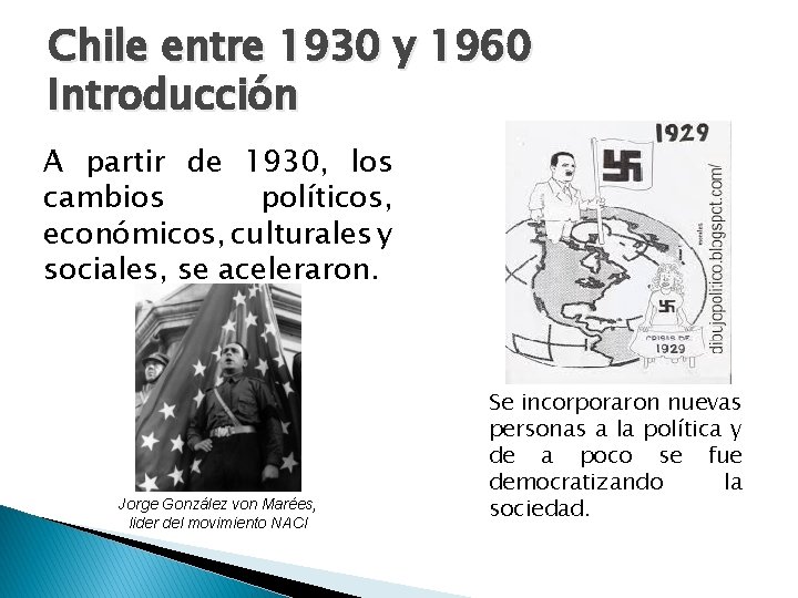 Chile entre 1930 y 1960 Introducción A partir de 1930, los cambios políticos, económicos,