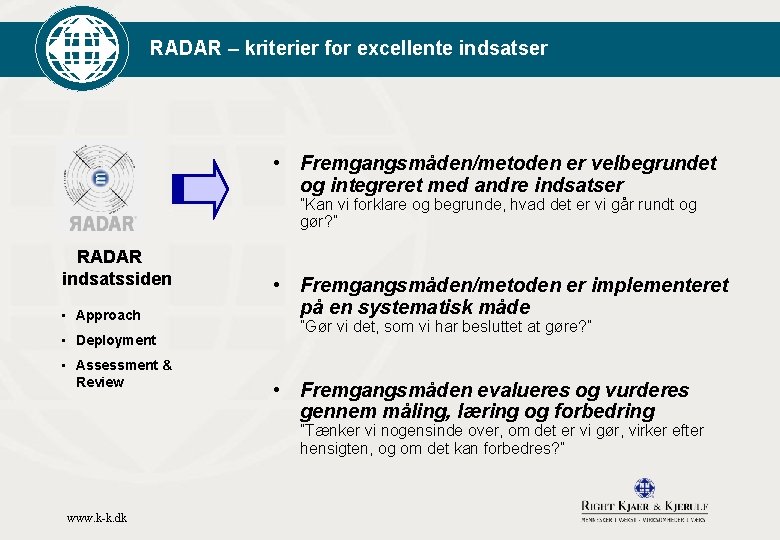 RADAR – kriterier for excellente indsatser • Fremgangsmåden/metoden er velbegrundet og integreret med andre