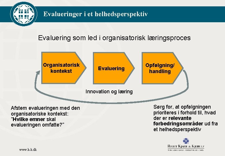 Evalueringer i et helhedsperspektiv Evaluering som led i organisatorisk læringsproces Organisatorisk kontekst Evaluering Opfølgning/