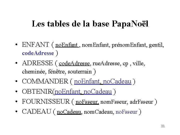 Les tables de la base Papa. Noël • ENFANT ( no. Enfant , nom. Les tables de la base Papa. Noël • ENFANT ( no. Enfant , nom.