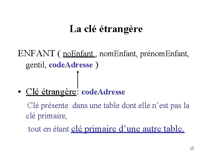 La clé étrangère ENFANT ( no. Enfant , nom. Enfant, prénom. Enfant, gentil, code. La clé étrangère ENFANT ( no. Enfant , nom. Enfant, prénom. Enfant, gentil, code.