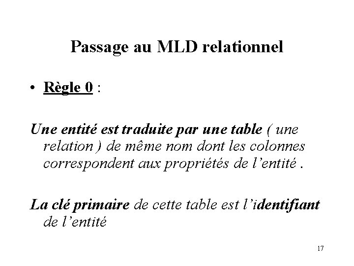 Passage au MLD relationnel • Règle 0 : Une entité est traduite par une Passage au MLD relationnel • Règle 0 : Une entité est traduite par une