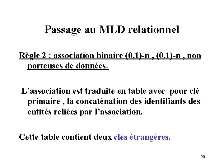 Passage au MLD relationnel Règle 2 : association binaire (0, 1)-n , non porteuses Passage au MLD relationnel Règle 2 : association binaire (0, 1)-n , non porteuses