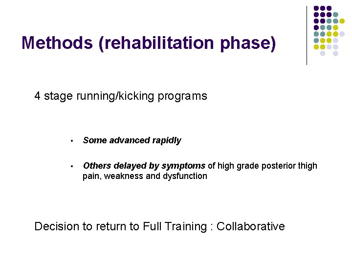 Methods (rehabilitation phase) 4 stage running/kicking programs • Some advanced rapidly • Others delayed