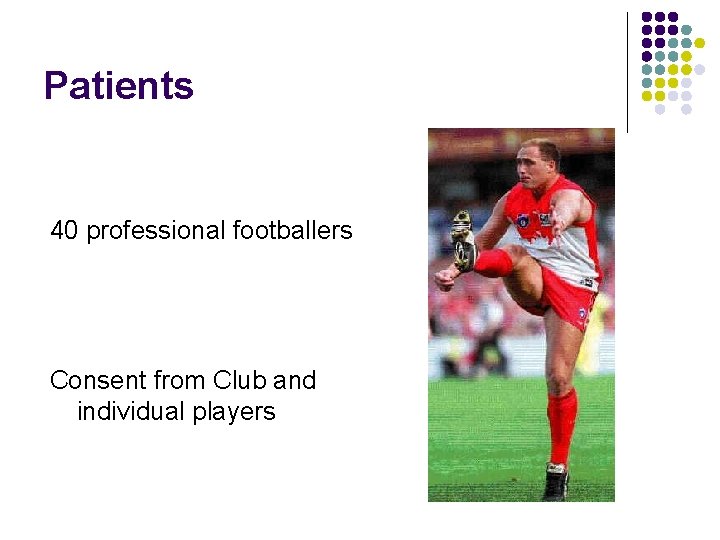 Patients 40 professional footballers Consent from Club and individual players 