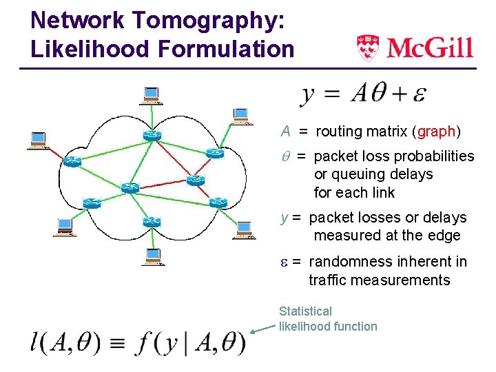 Network Tomography: Likelihood Formulation A = routing matrix (graph) = packet loss probabilities or