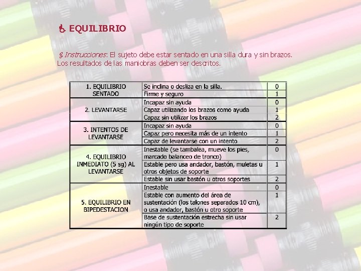 EQUILIBRIO Instrucciones: El sujeto debe estar sentado en una silla dura y sin EQUILIBRIO Instrucciones: El sujeto debe estar sentado en una silla dura y sin
