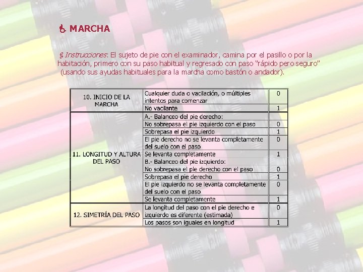 MARCHA Instrucciones: El sujeto de pie con el examinador, camina por el pasillo MARCHA Instrucciones: El sujeto de pie con el examinador, camina por el pasillo