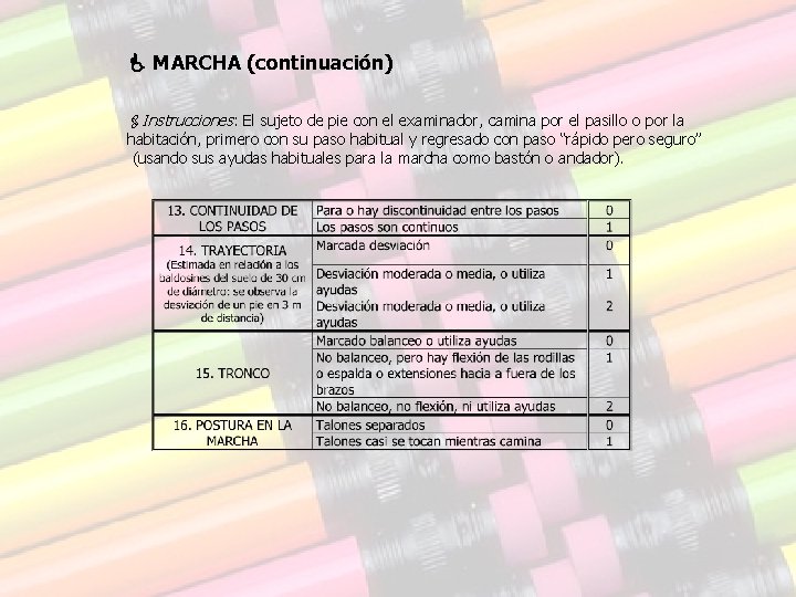 MARCHA (continuación) Instrucciones: El sujeto de pie con el examinador, camina por el MARCHA (continuación) Instrucciones: El sujeto de pie con el examinador, camina por el