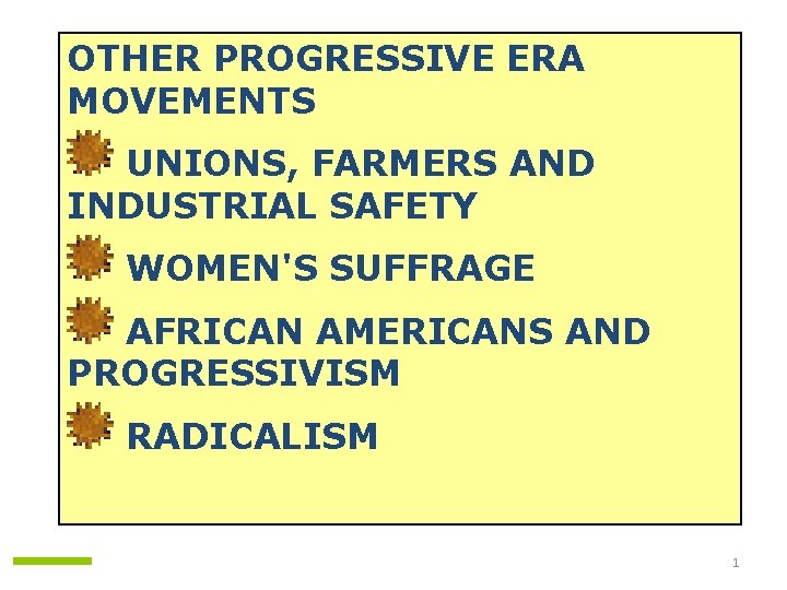 OTHER PROGRESSIVE ERA MOVEMENTS UNIONS, FARMERS AND INDUSTRIAL SAFETY WOMEN'S SUFFRAGE AFRICAN AMERICANS AND OTHER PROGRESSIVE ERA MOVEMENTS UNIONS, FARMERS AND INDUSTRIAL SAFETY WOMEN'S SUFFRAGE AFRICAN AMERICANS AND