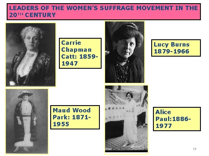 LEADERS OF THE WOMEN’S SUFFRAGE MOVEMENT IN THE 20 TH CENTURY Carrie Chapman Catt: LEADERS OF THE WOMEN’S SUFFRAGE MOVEMENT IN THE 20 TH CENTURY Carrie Chapman Catt: