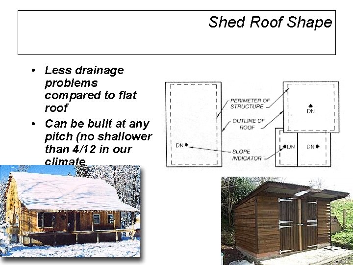 Shed Roof Shape • Less drainage problems compared to flat roof • Can be