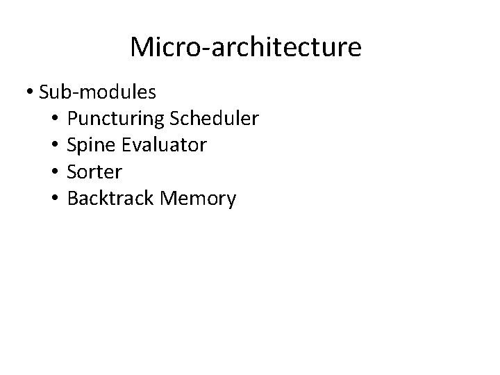 Micro-architecture • Sub-modules • Puncturing Scheduler • Spine Evaluator • Sorter • Backtrack Memory
