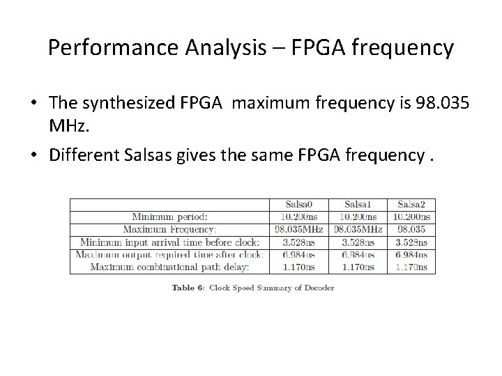 Performance Analysis – FPGA frequency • The synthesized FPGA maximum frequency is 98. 035