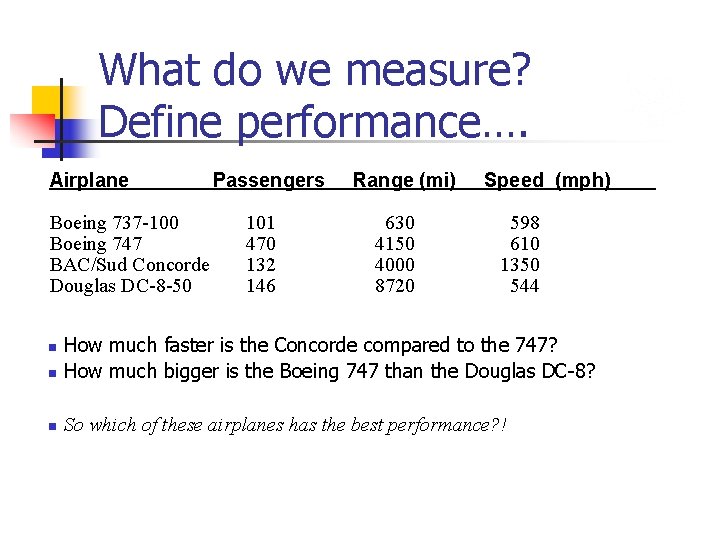 What do we measure? Define performance…. Airplane Boeing 737 -100 Boeing 747 BAC/Sud Concorde