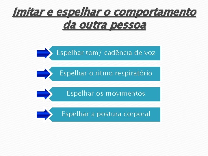 Imitar e espelhar o comportamento da outra pessoa Espelhar tom/ cadência de voz Espelhar