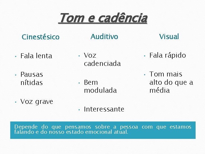 Tom e cadência Auditivo Cinestésico • • • Fala lenta Pausas nítidas • •