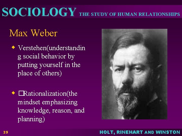 SOCIOLOGY THE STUDY OF HUMAN RELATIONSHIPS Max Weber w Verstehen(understandin g social behavior by