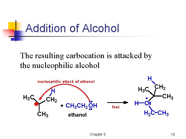 Addition of Alcohol The resulting carbocation is attacked by the nucleophilic alcohol H nucleophilic