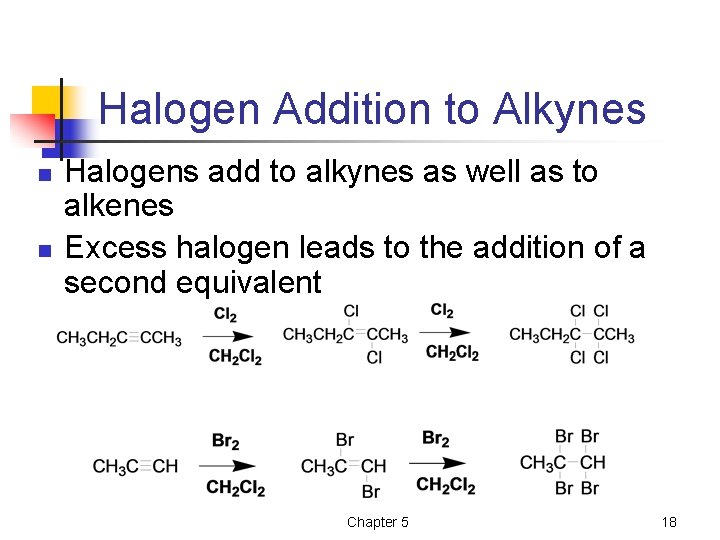 Halogen Addition to Alkynes n n Halogens add to alkynes as well as to