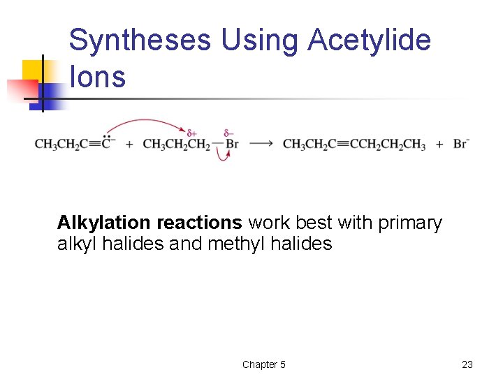 Syntheses Using Acetylide Ions Alkylation reactions work best with primary alkyl halides and methyl