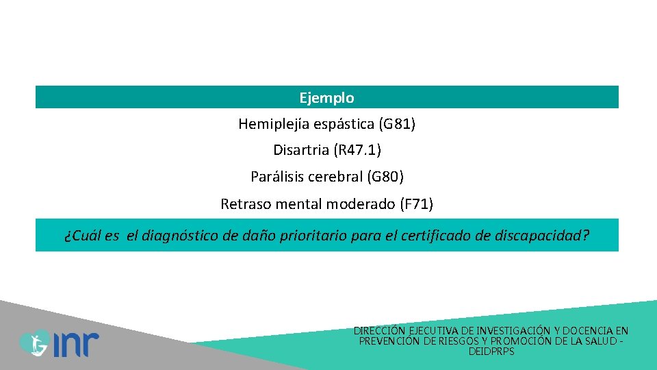 Ejemplo Hemiplejía espástica (G 81) Disartria (R 47. 1) Parálisis cerebral (G 80) Retraso Ejemplo Hemiplejía espástica (G 81) Disartria (R 47. 1) Parálisis cerebral (G 80) Retraso