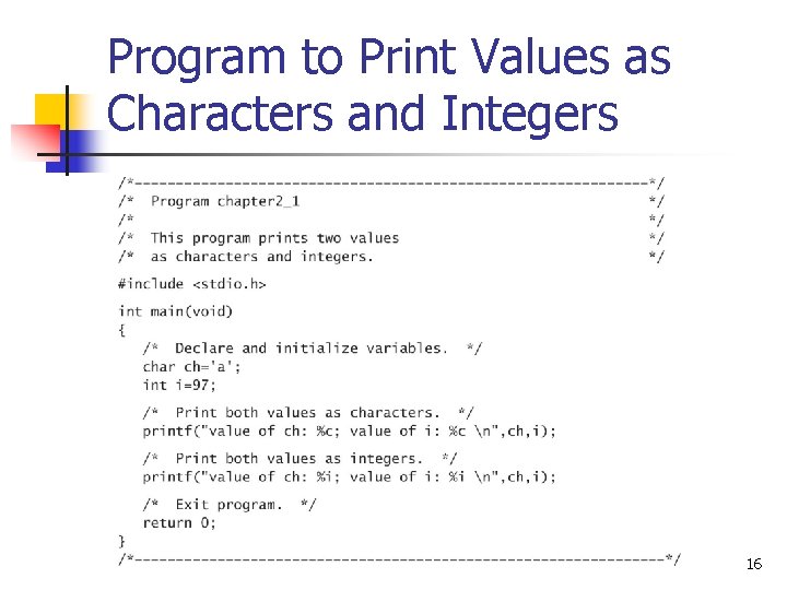 Program to Print Values as Characters and Integers 16 