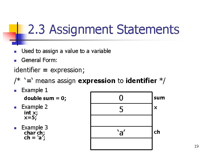 2. 3 Assignment Statements n Used to assign a value to a variable n