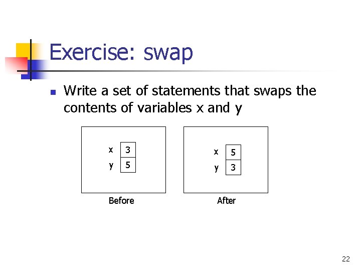 Exercise: swap n Write a set of statements that swaps the contents of variables