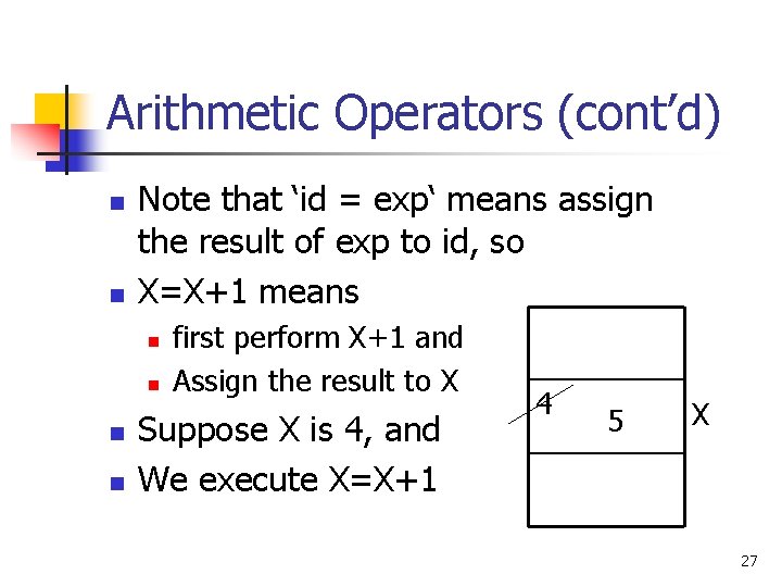 Arithmetic Operators (cont’d) n n Note that ‘id = exp‘ means assign the result