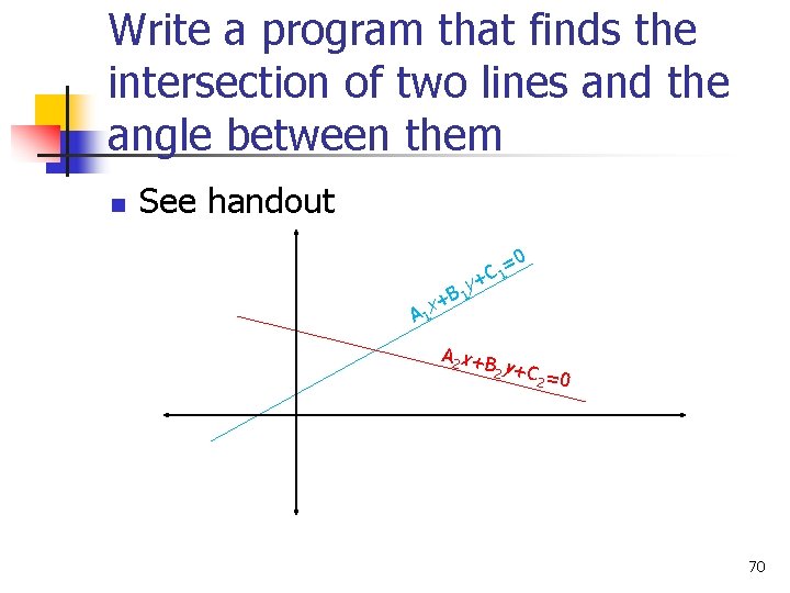 Write a program that finds the intersection of two lines and the angle between
