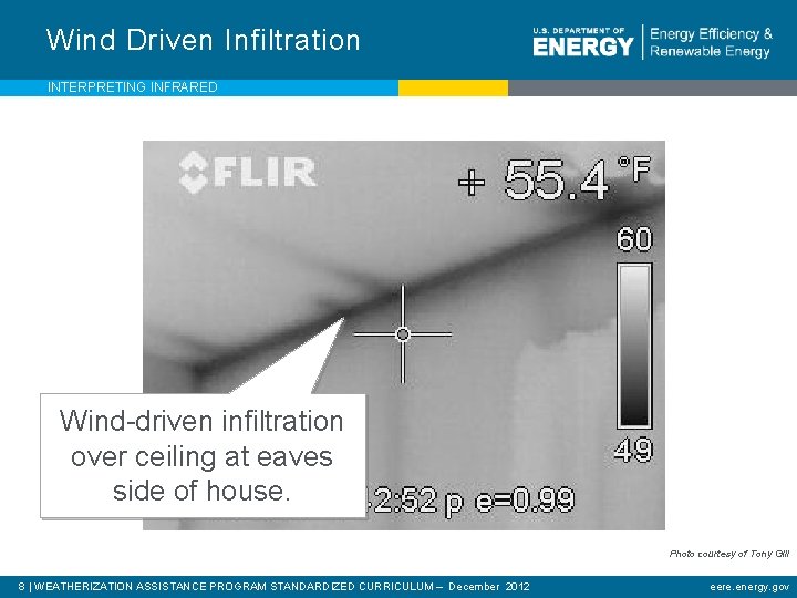 Wind Driven Infiltration INTERPRETING INFRARED Wind-driven infiltration over ceiling at eaves side of house.