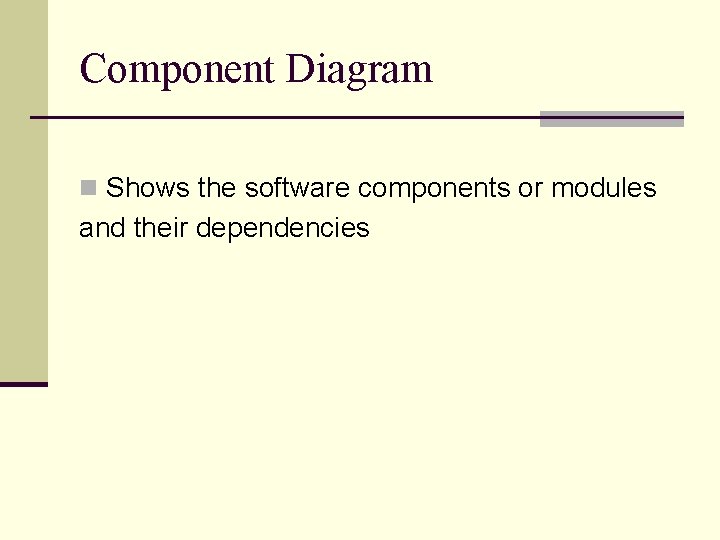 Component Diagram n Shows the software components or modules and their dependencies 