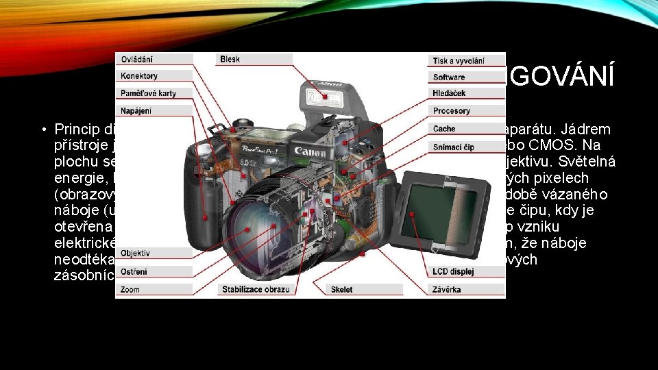 ZÁKLADNÍ PRINCIPY FUNGOVÁNÍ • Princip digitálního fotoaparátu vychází z konstrukce klasického fotoaparátu. Jádrem přístroje