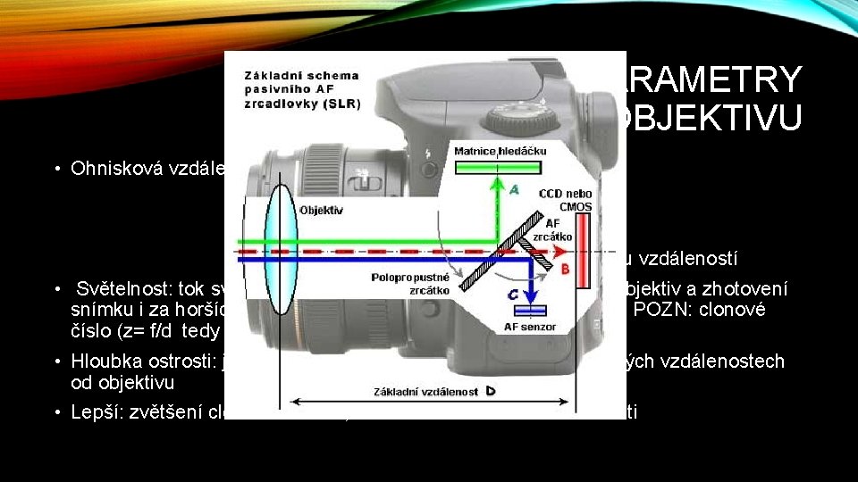 ZÁKLADNÍ PARAMETRY OBJEKTIVU • Ohnisková vzdálenost: průměr (fn=50 nm) širokoúhlý (f◄fn) teleobjektiv (f►fn) transfokátor