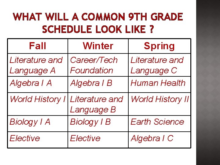 WHAT WILL A COMMON 9 TH GRADE SCHEDULE LOOK LIKE ? Fall Winter Literature