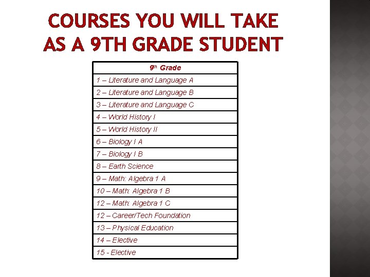 COURSES YOU WILL TAKE AS A 9 TH GRADE STUDENT 9 th Grade 1
