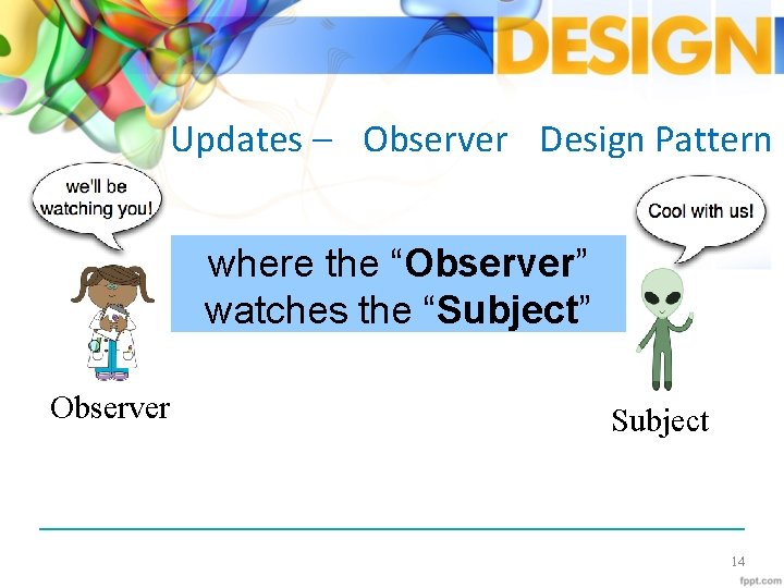 Updates – Observer Design Pattern where the “Observer” watches the “Subject” Observer Subject 14