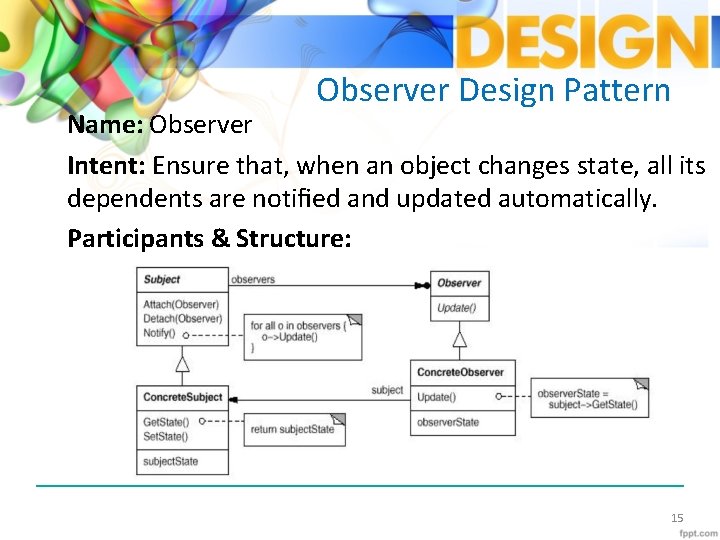 Observer Design Pattern Name: Observer Intent: Ensure that, when an object changes state, all