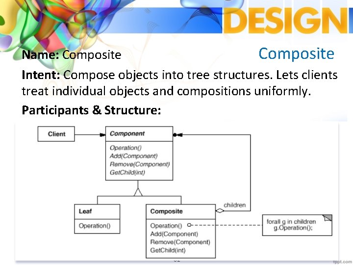 Composite Name: Composite Intent: Compose objects into tree structures. Lets clients treat individual objects