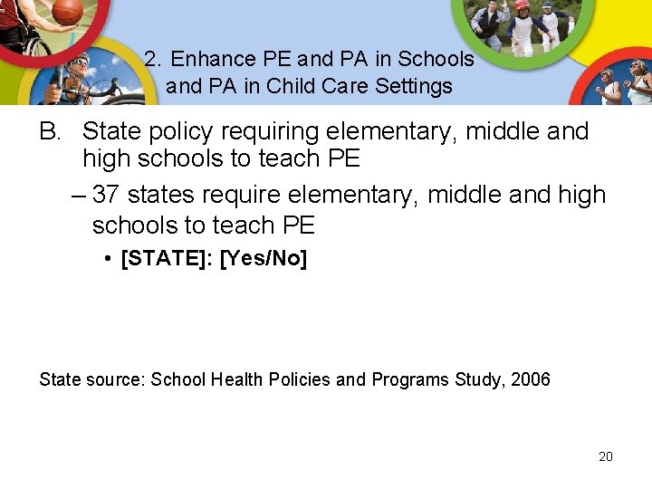 2. Enhance PE and PA in Schools and PA in Child Care Settings B. 2. Enhance PE and PA in Schools and PA in Child Care Settings B.